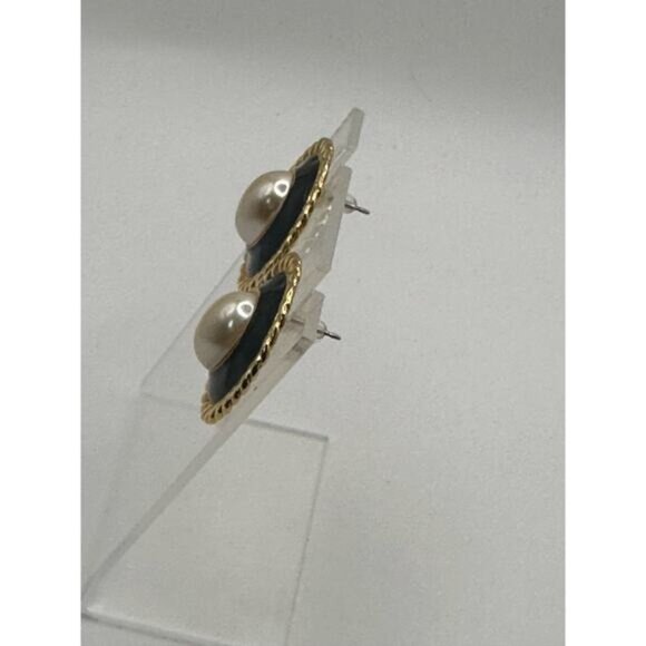 Vintage Gold-Tone & Black Oval Earrings With Faux Pearl Center - Picture 5 of 7